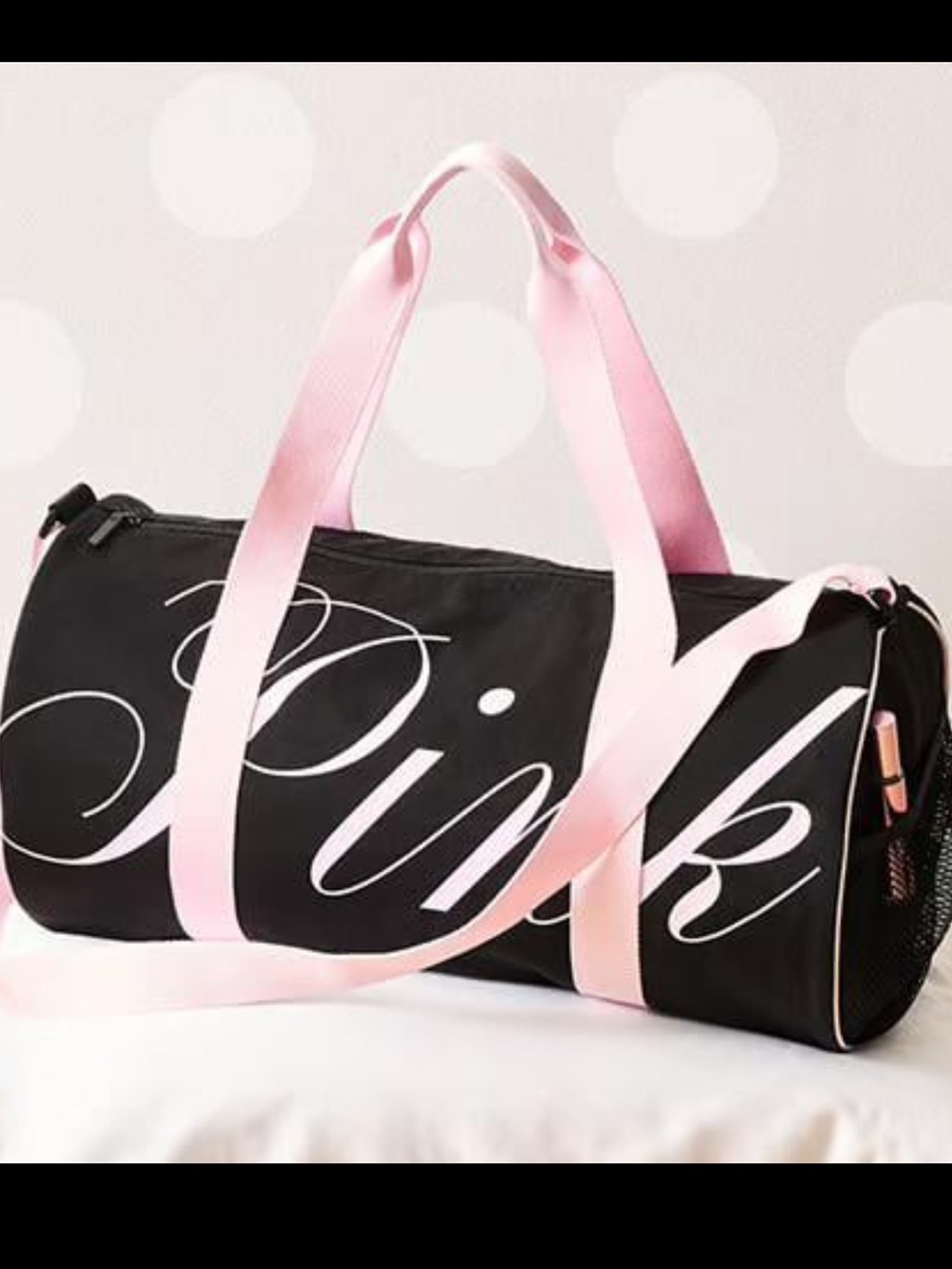 PINK WEEKENDER DUFFLE BAG IN BLACK with BABY PINK STRAPS